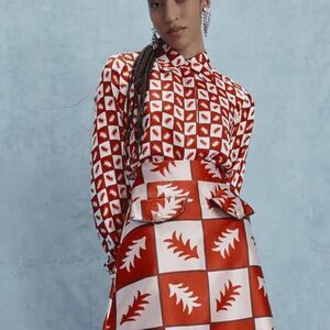 NWOT Lisou Bailey Long Sleeve Fern Print Silk Blouse in Red Multi $355 RARE Sz 4